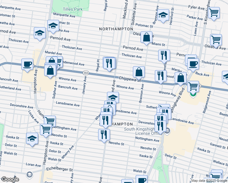 map of restaurants, bars, coffee shops, grocery stores, and more near 5353 Bancroft Avenue in St. Louis