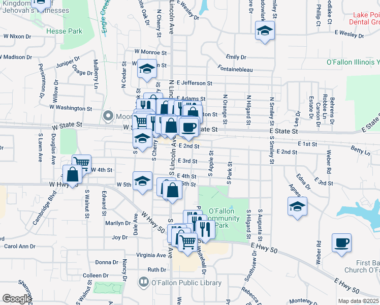 map of restaurants, bars, coffee shops, grocery stores, and more near 203 South Vine Street in O'Fallon