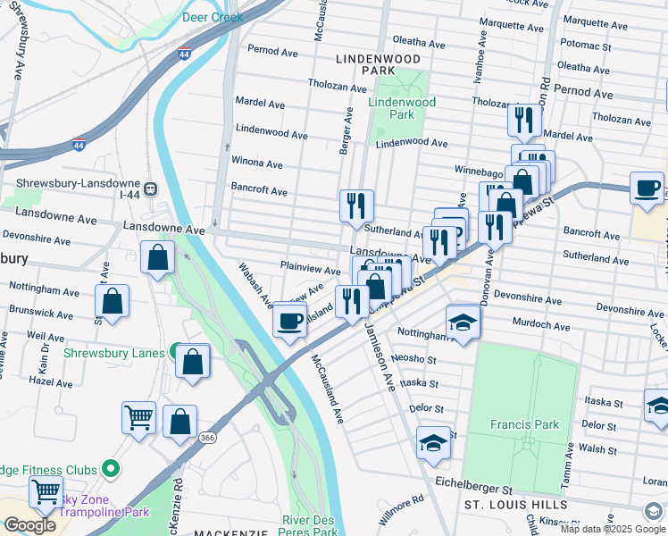 map of restaurants, bars, coffee shops, grocery stores, and more near 5919 Plainview Avenue in St. Louis