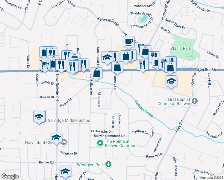map of restaurants, bars, coffee shops, grocery stores, and more near 229 Sweetcreek Lane in Ballwin