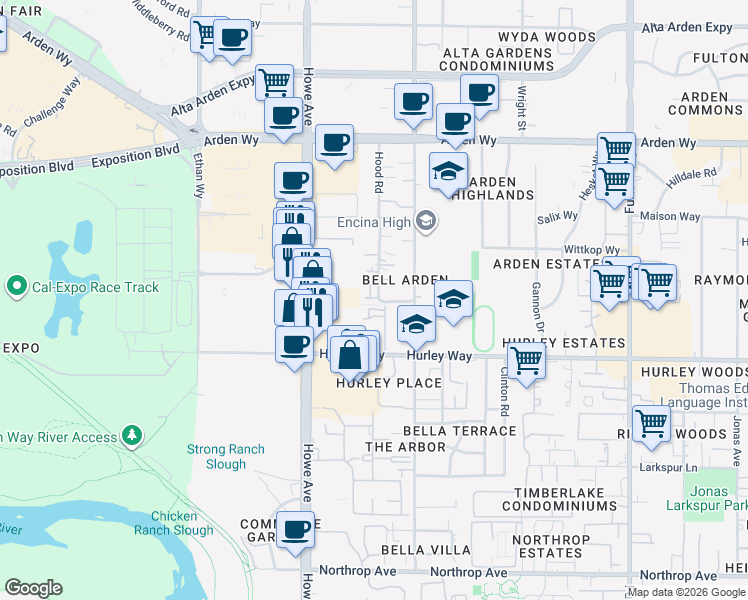 map of restaurants, bars, coffee shops, grocery stores, and more near 1363 Hood Road in Sacramento