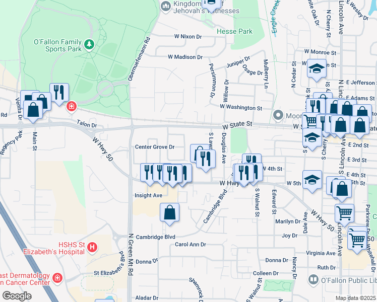 map of restaurants, bars, coffee shops, grocery stores, and more near 118 South Lawn Avenue in O'Fallon