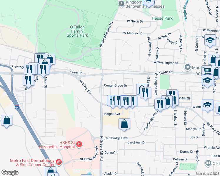 map of restaurants, bars, coffee shops, grocery stores, and more near 221 Eagle Ridge in O'Fallon