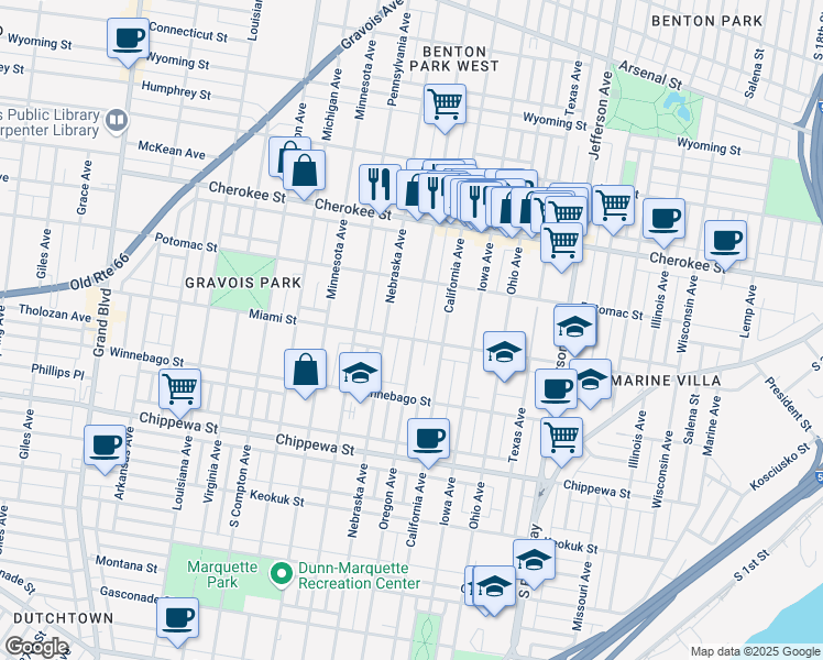 map of restaurants, bars, coffee shops, grocery stores, and more near 2841 Miami Street in St. Louis