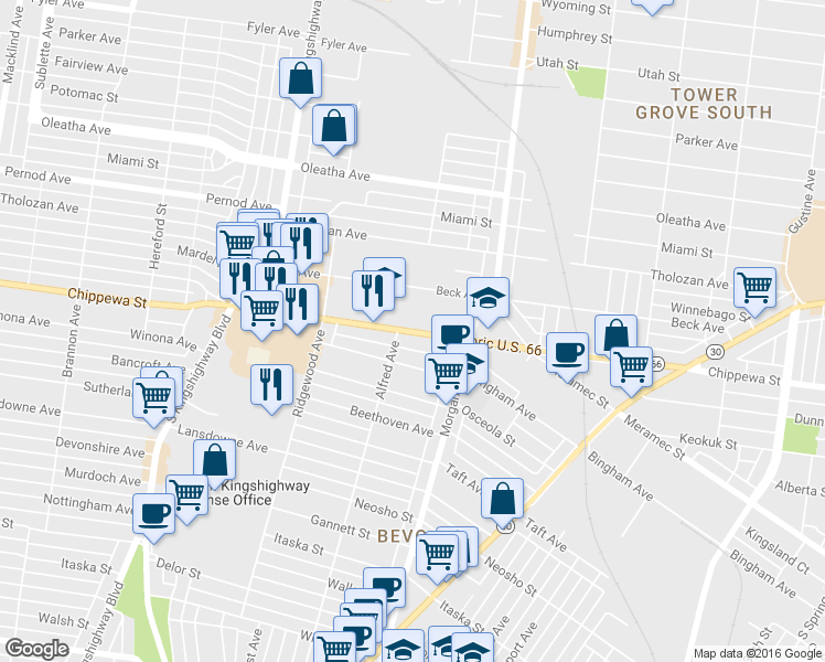 map of restaurants, bars, coffee shops, grocery stores, and more near 4400 Chippewa Street in St. Louis