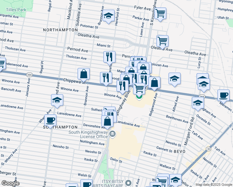 map of restaurants, bars, coffee shops, grocery stores, and more near 4945 Winona Avenue in St. Louis