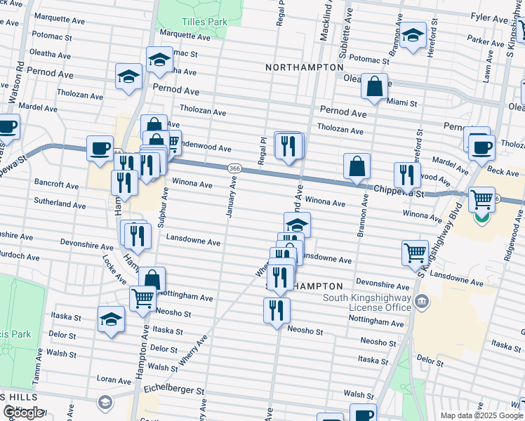map of restaurants, bars, coffee shops, grocery stores, and more near 5436 Bancroft Avenue in St. Louis