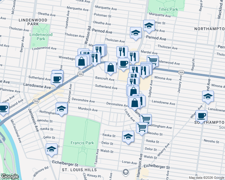 map of restaurants, bars, coffee shops, grocery stores, and more near 6066 Sutherland Avenue in St. Louis
