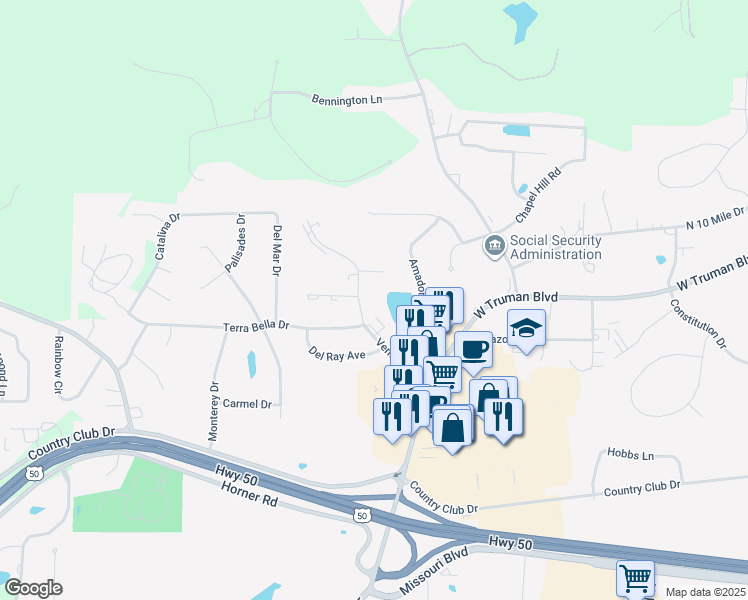 map of restaurants, bars, coffee shops, grocery stores, and more near 103 North Ventura Avenue in Jefferson City