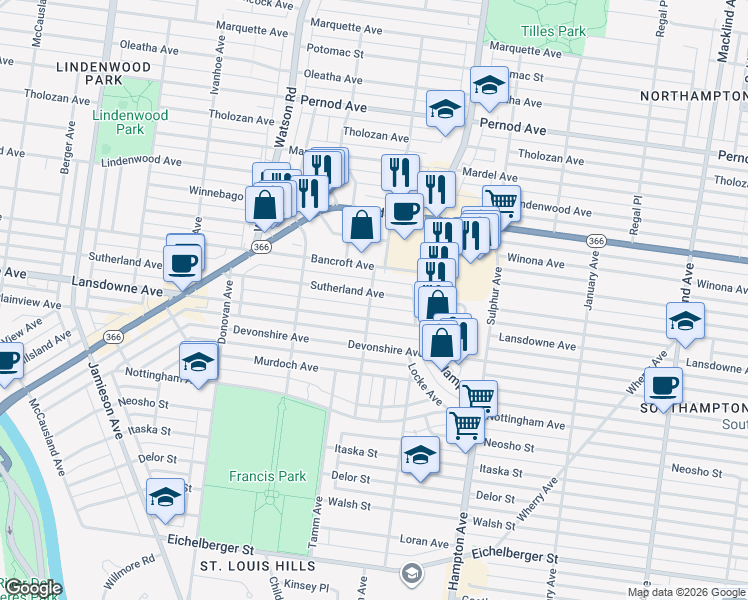 map of restaurants, bars, coffee shops, grocery stores, and more near 6066 Sutherland Avenue in St. Louis