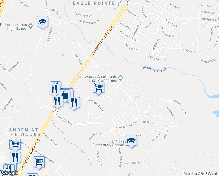 map of restaurants, bars, coffee shops, grocery stores, and more near 16619 Galt Court in Woodbridge