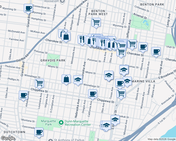 map of restaurants, bars, coffee shops, grocery stores, and more near 2841 Miami Street in St. Louis