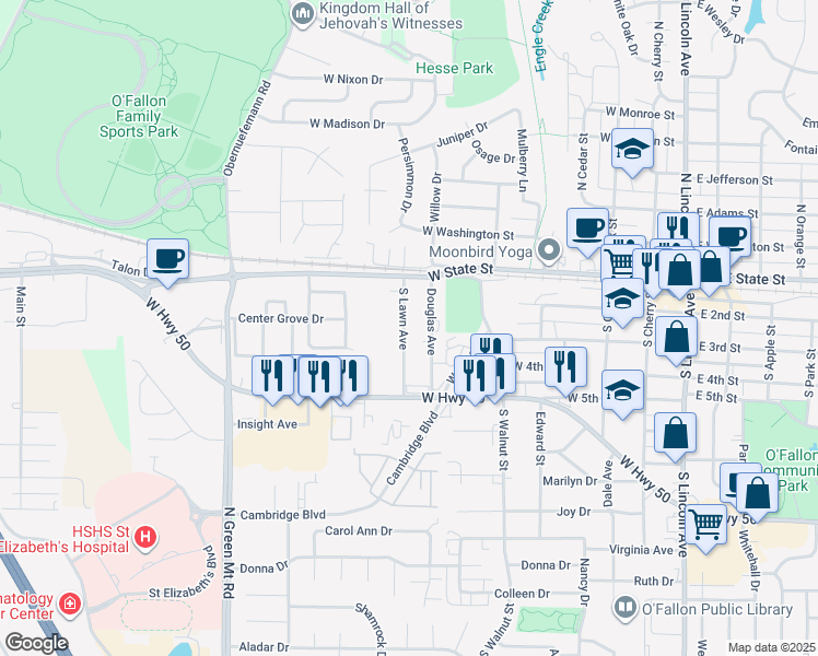 map of restaurants, bars, coffee shops, grocery stores, and more near 117 South Lawn Avenue in O'Fallon