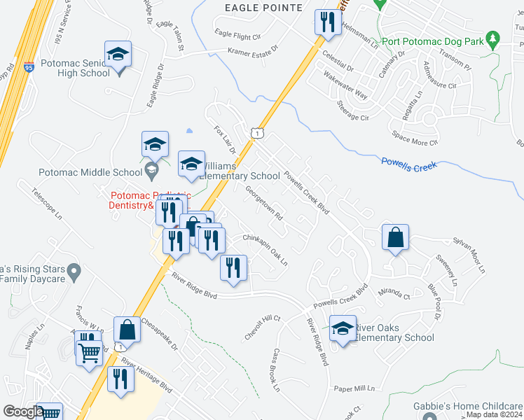 map of restaurants, bars, coffee shops, grocery stores, and more near 2913 Wythe Court in Woodbridge