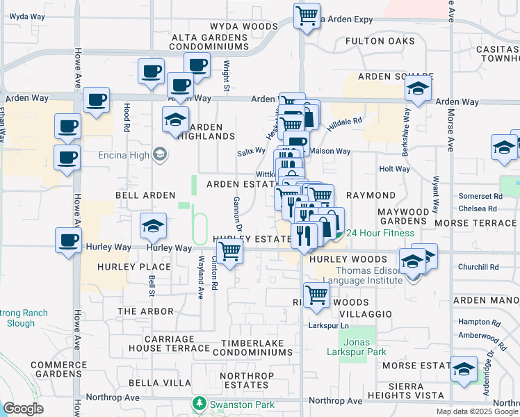 map of restaurants, bars, coffee shops, grocery stores, and more near 1414 Hesket Way in Sacramento