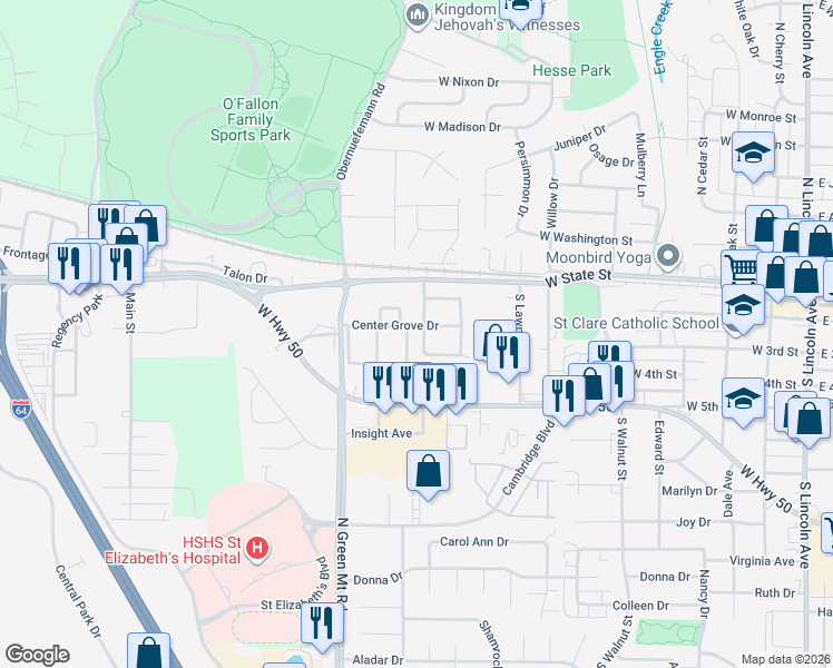map of restaurants, bars, coffee shops, grocery stores, and more near 296 Eagle Ridge in O'Fallon