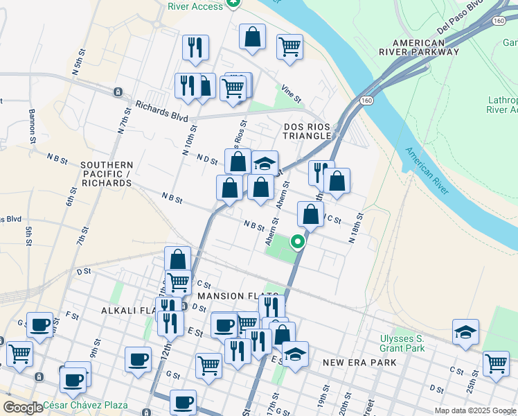 map of restaurants, bars, coffee shops, grocery stores, and more near 1317 North B Street in Sacramento