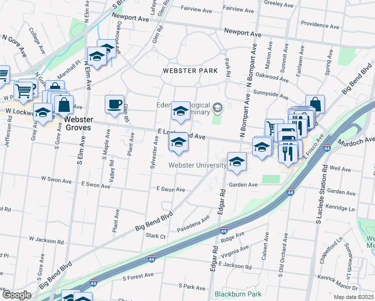 map of restaurants, bars, coffee shops, grocery stores, and more near 100 Selma Avenue in Webster Groves