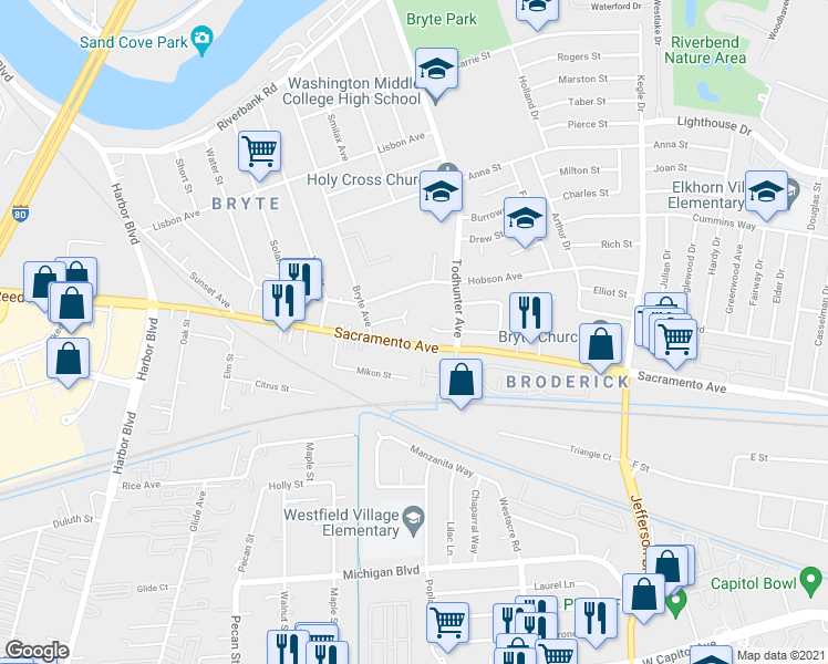 map of restaurants, bars, coffee shops, grocery stores, and more near 1409 Dobros Terrace in West Sacramento