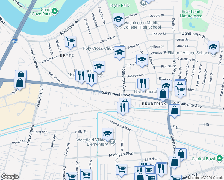 map of restaurants, bars, coffee shops, grocery stores, and more near 1409 Dobros Terrace in West Sacramento