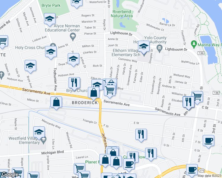 map of restaurants, bars, coffee shops, grocery stores, and more near 929 Fremont Boulevard in West Sacramento