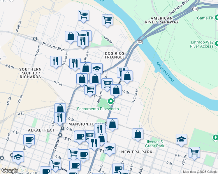 map of restaurants, bars, coffee shops, grocery stores, and more near 1527 North C Street in Sacramento