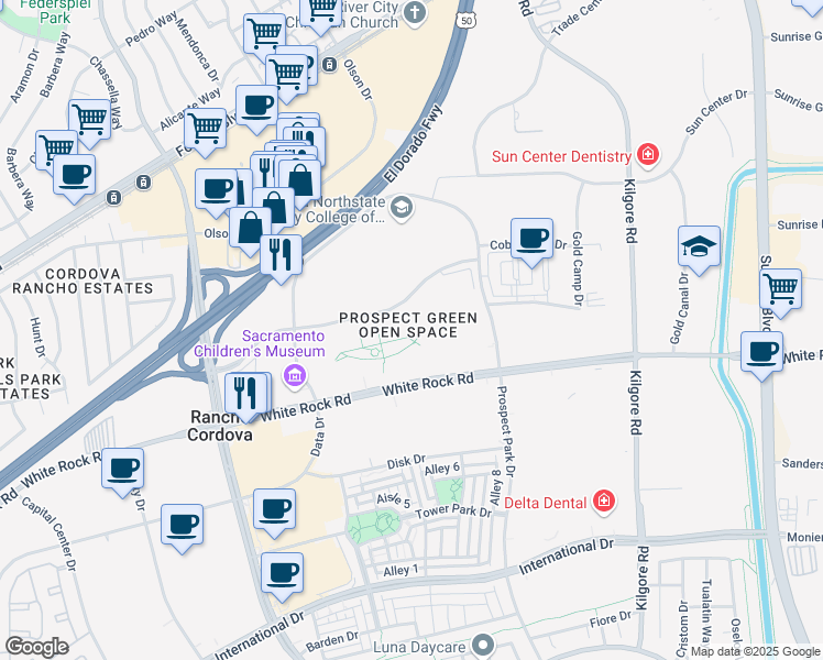 map of restaurants, bars, coffee shops, grocery stores, and more near 10860 Gold Center Drive in Rancho Cordova