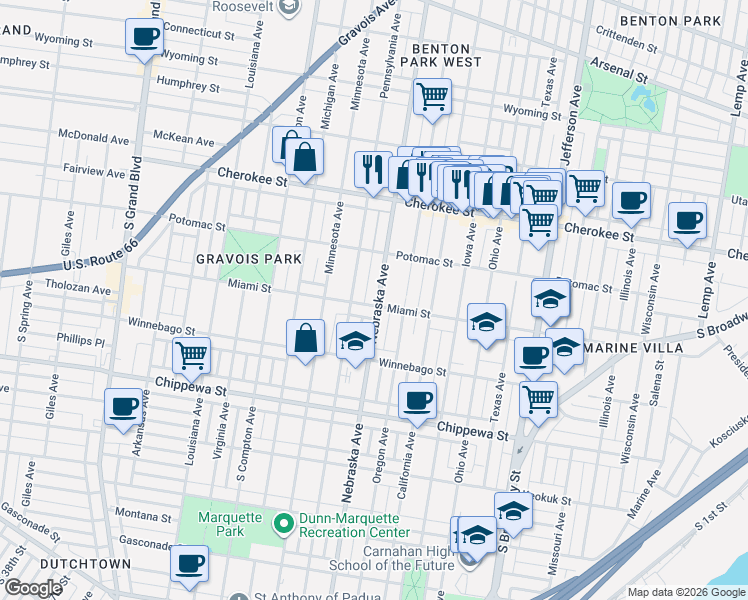 map of restaurants, bars, coffee shops, grocery stores, and more near 3555 Nebraska Avenue in St. Louis