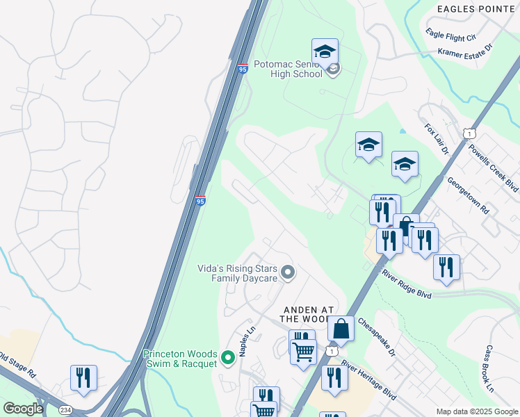 map of restaurants, bars, coffee shops, grocery stores, and more near 16547 Telescope Lane in Dumfries