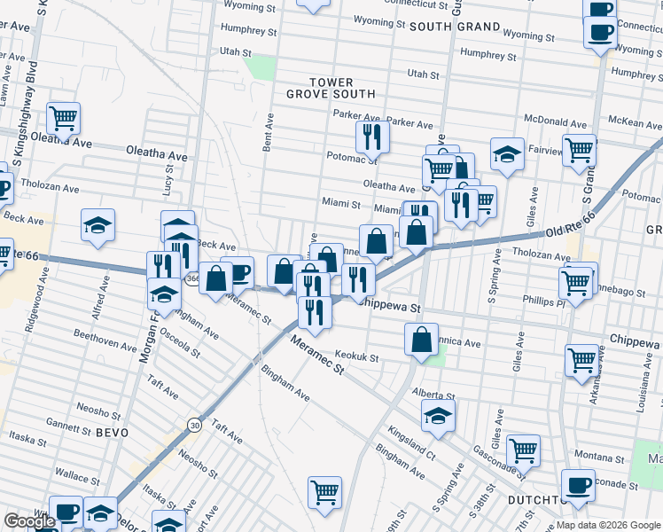 map of restaurants, bars, coffee shops, grocery stores, and more near 4056 Phillips Avenue in St. Louis