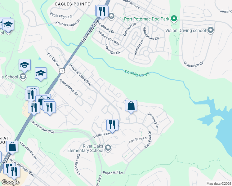 map of restaurants, bars, coffee shops, grocery stores, and more near 16636 Flotilla Way in Woodbridge