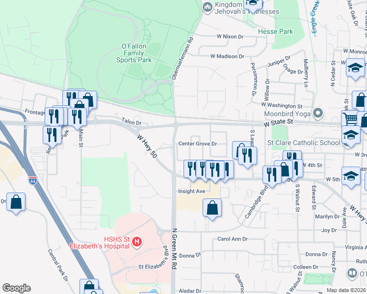 map of restaurants, bars, coffee shops, grocery stores, and more near 221 Eagle Ridge in O'Fallon