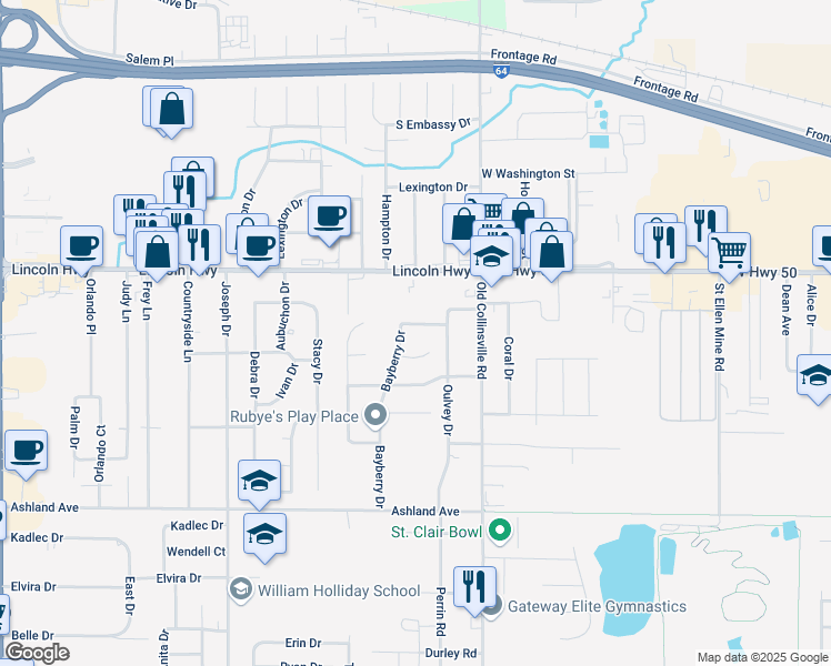 map of restaurants, bars, coffee shops, grocery stores, and more near 913 Fields End Court in Fairview Heights