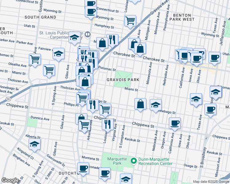 map of restaurants, bars, coffee shops, grocery stores, and more near 3628 Louisiana Avenue in St. Louis