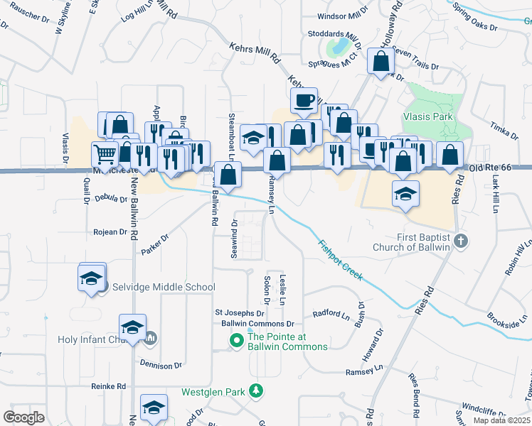 map of restaurants, bars, coffee shops, grocery stores, and more near 215 Sweetcreek Lane in Ballwin