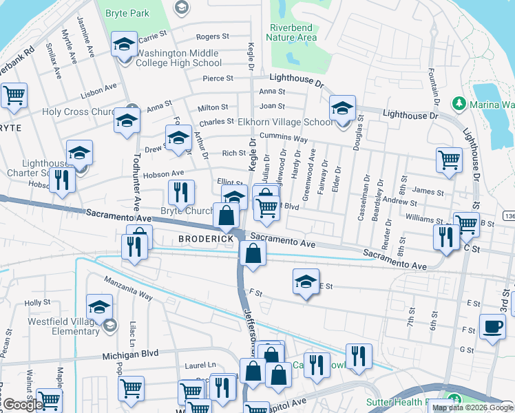 map of restaurants, bars, coffee shops, grocery stores, and more near 929 Fremont Boulevard in West Sacramento