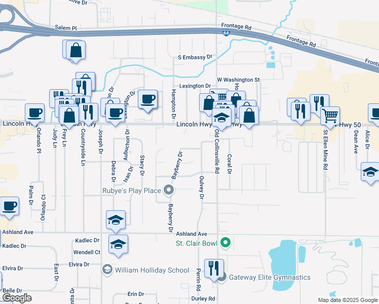 map of restaurants, bars, coffee shops, grocery stores, and more near 913 Fields End Court in Fairview Heights