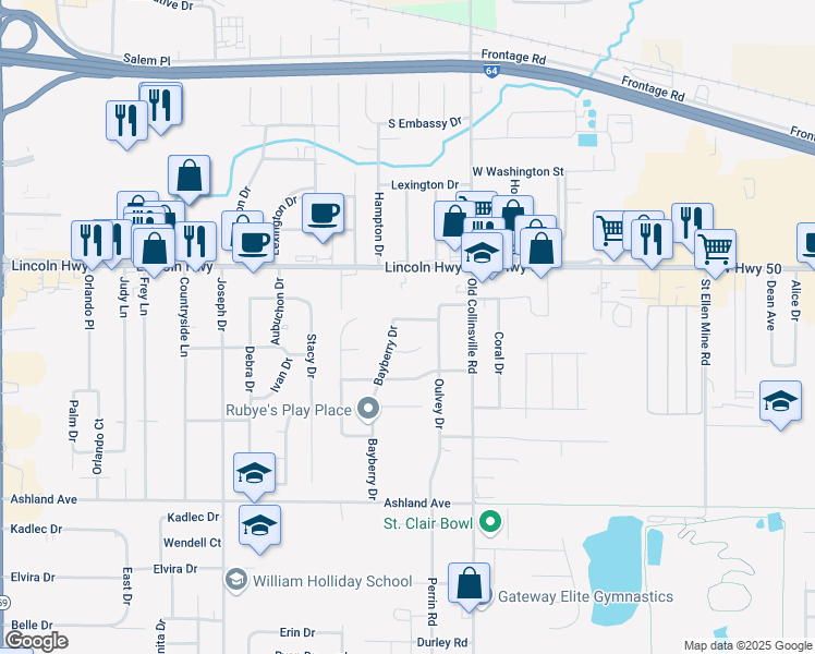 map of restaurants, bars, coffee shops, grocery stores, and more near 913 Fields End Court in Fairview Heights