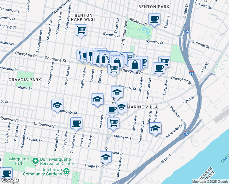 map of restaurants, bars, coffee shops, grocery stores, and more near 3535 Jefferson Avenue in St. Louis