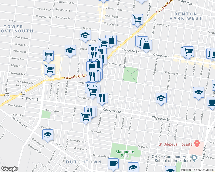 map of restaurants, bars, coffee shops, grocery stores, and more near 3639 Tennessee Avenue in St. Louis