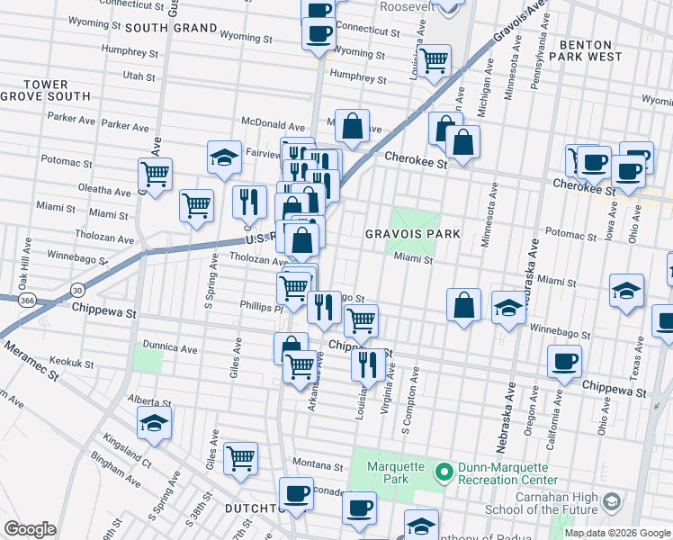 map of restaurants, bars, coffee shops, grocery stores, and more near 3639 Tennessee Avenue in St. Louis