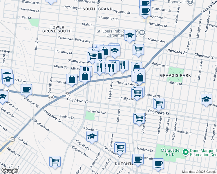 map of restaurants, bars, coffee shops, grocery stores, and more near 3638 Bamberger Avenue in St. Louis