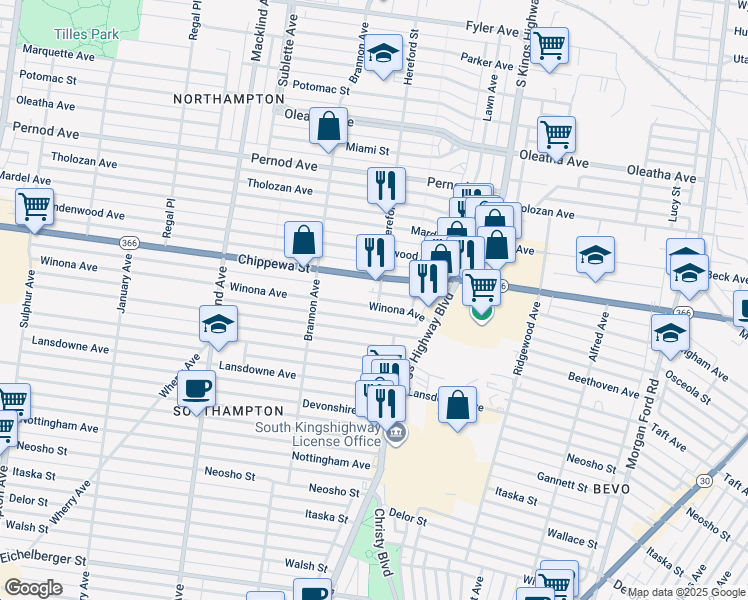 map of restaurants, bars, coffee shops, grocery stores, and more near 5014 Winona Avenue in St. Louis