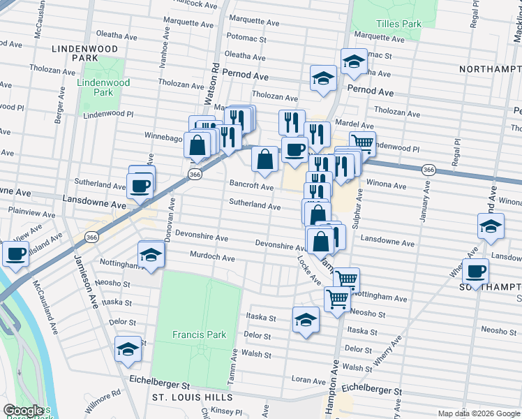 map of restaurants, bars, coffee shops, grocery stores, and more near 6066 Sutherland Avenue in St. Louis