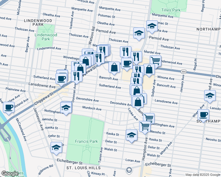 map of restaurants, bars, coffee shops, grocery stores, and more near 6337 Lansdowne Avenue in St. Louis