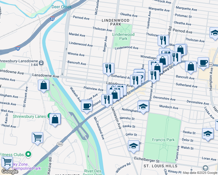 map of restaurants, bars, coffee shops, grocery stores, and more near 6765 Plainview Avenue in St. Louis