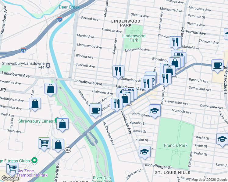 map of restaurants, bars, coffee shops, grocery stores, and more near 5919 Plainview Avenue in St. Louis