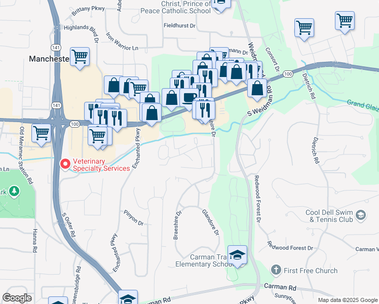 map of restaurants, bars, coffee shops, grocery stores, and more near 1240 Orchard Village Lane in Ballwin