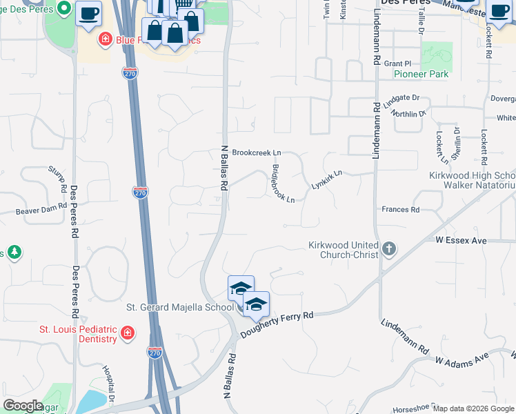 map of restaurants, bars, coffee shops, grocery stores, and more near 2000 Meadowtree Lane in Kirkwood