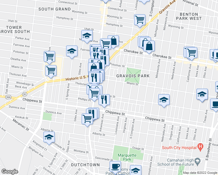 map of restaurants, bars, coffee shops, grocery stores, and more near 3628 Arkansas Avenue in St. Louis